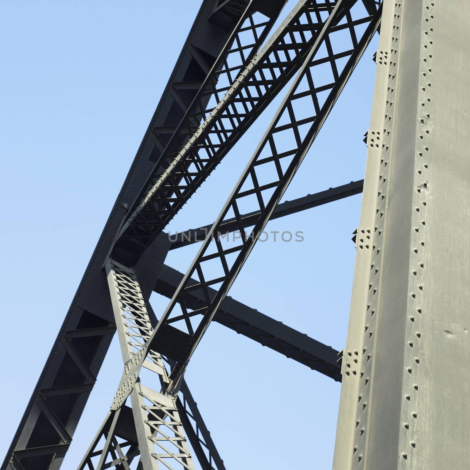 Heavy iron raillway bridge agains blue sky