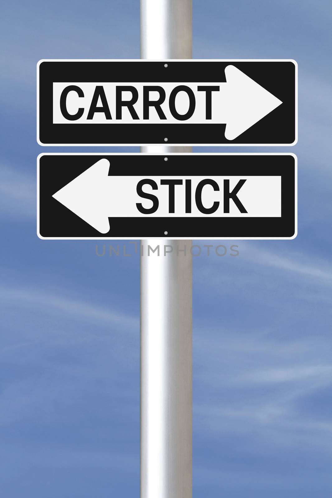 Conceptual one way street signs indicating carrot and stick