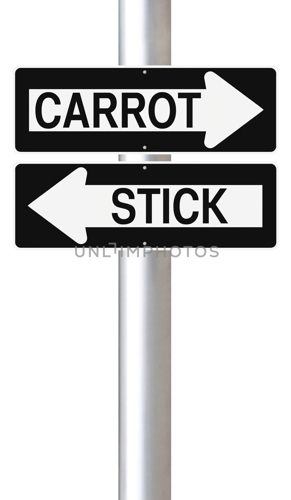 Conceptual one way street signs indicating carrot and stick