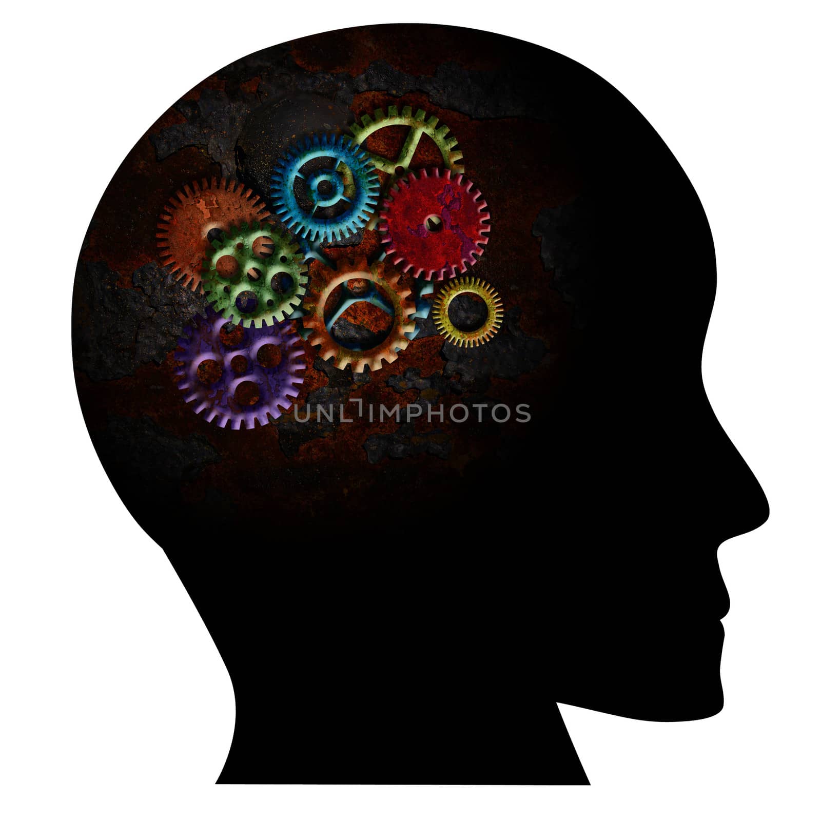 Rusty Colorful Metal Gears on Human Head Silhouette Grunge Texture Isolated on White Background