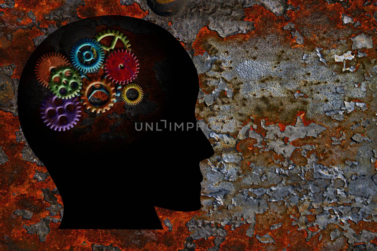 Rusty Colorful Metal Gears on Human Head Silhouette Grunge Texture Background