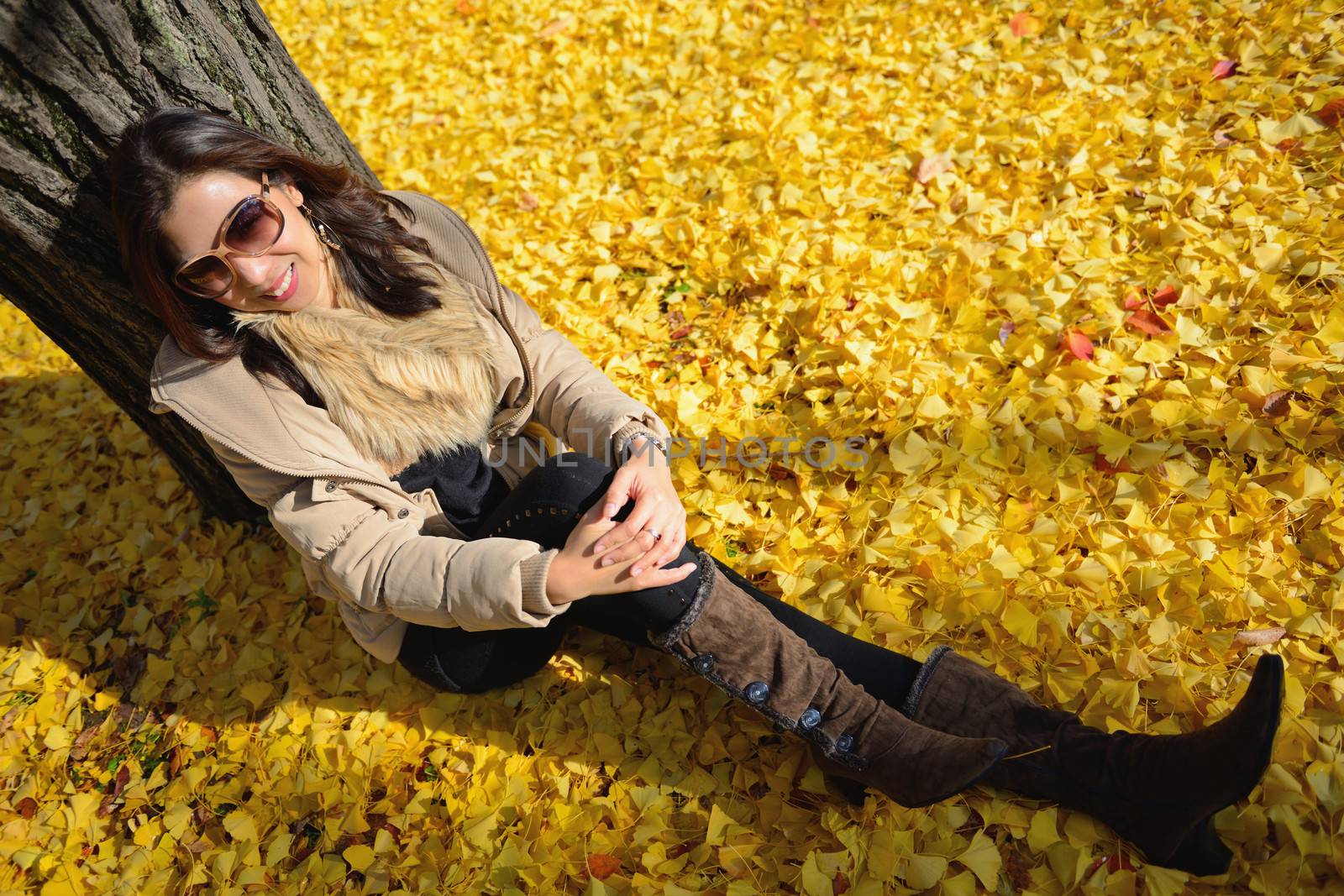 woman sit on ground be filled with leaves of the ginkgo tree in fall at japan