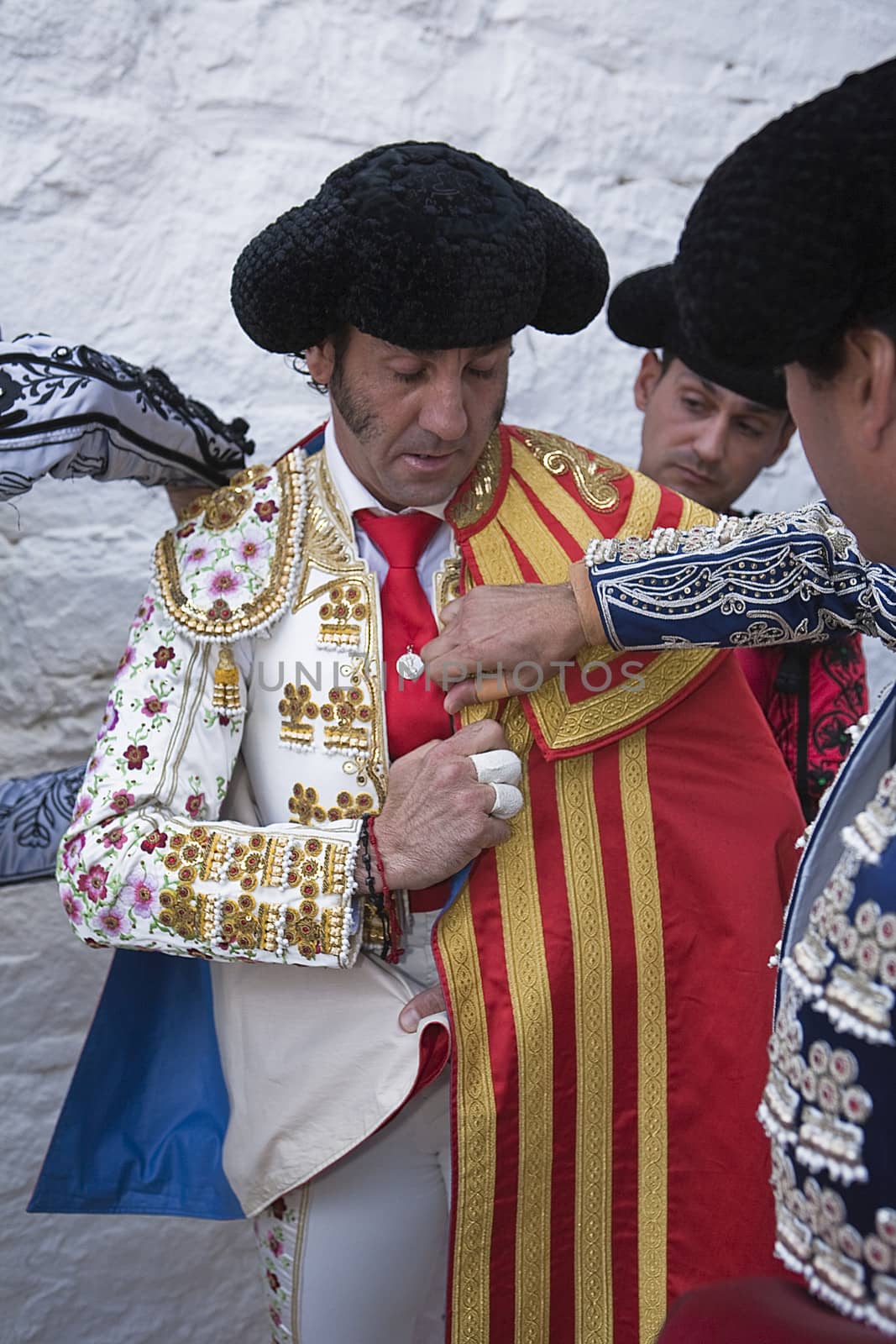 The spanish bullfighter Juan Jose Padilla  getting dressed for the paseillo or initial parade. Taken at Andujar bullring before a bullfight, Andujar, Jaen province, Spain, 24 september 2010