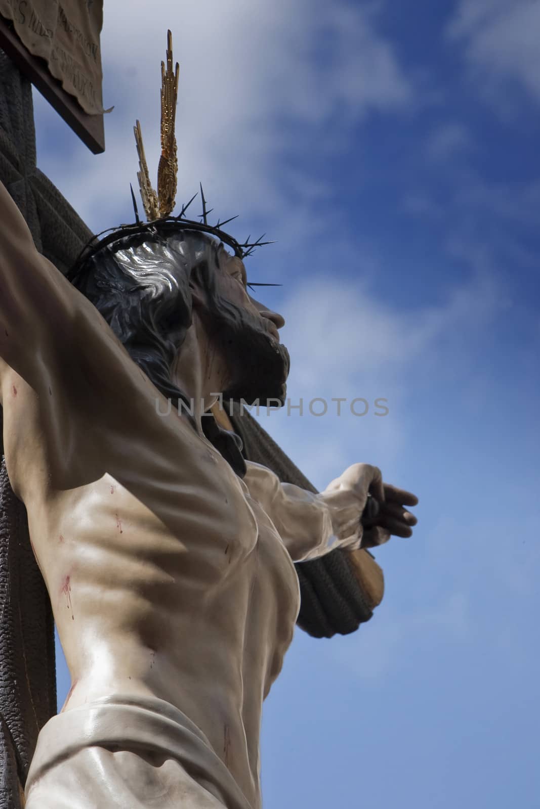 Figure of Jesus on the cross carved in wood by the sculptor Gabino Amaya Guerrero, Holy Christ of the expiry, Linares, Jaen province, Spain