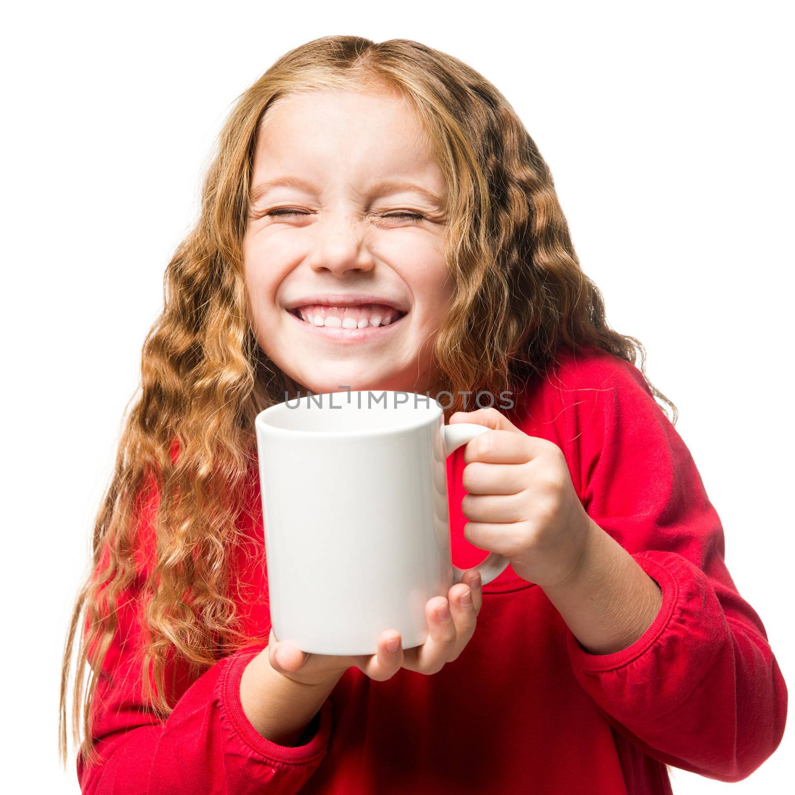 funny little girl in a white chef hat cup, isolated