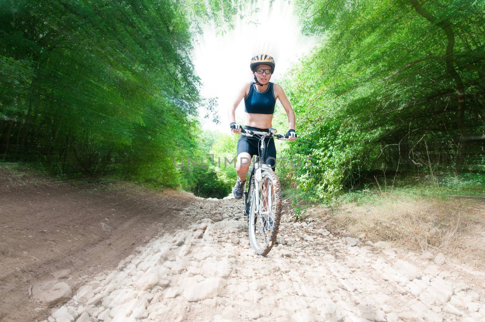 Cyclist rides through the forest with blur background