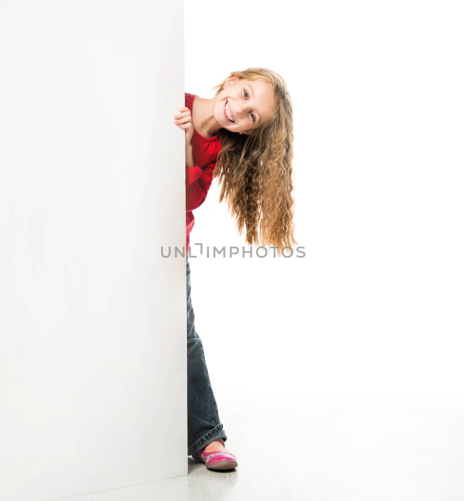 beautiful little girl with a white board, isolated