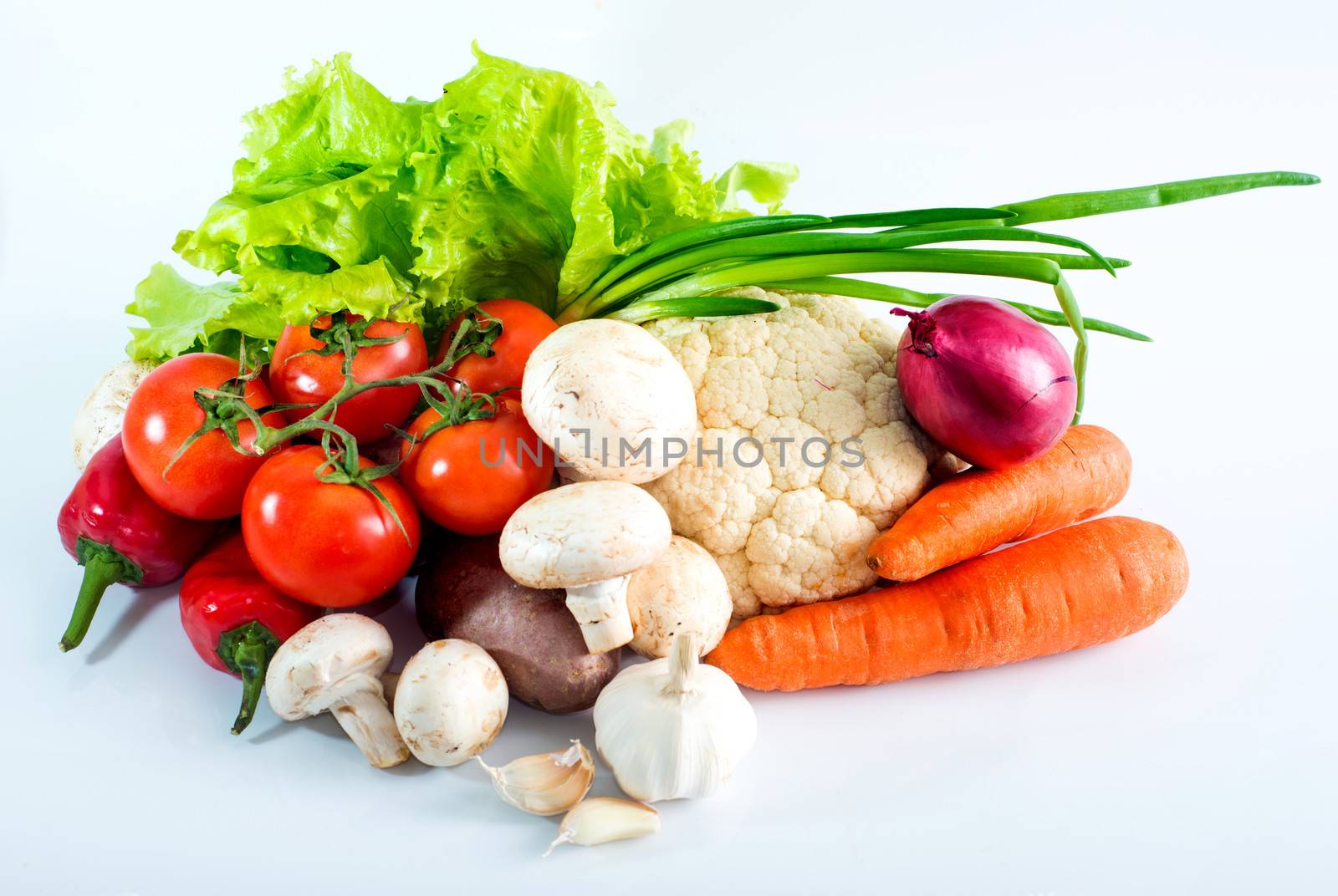 fruits and vegetables on a white background