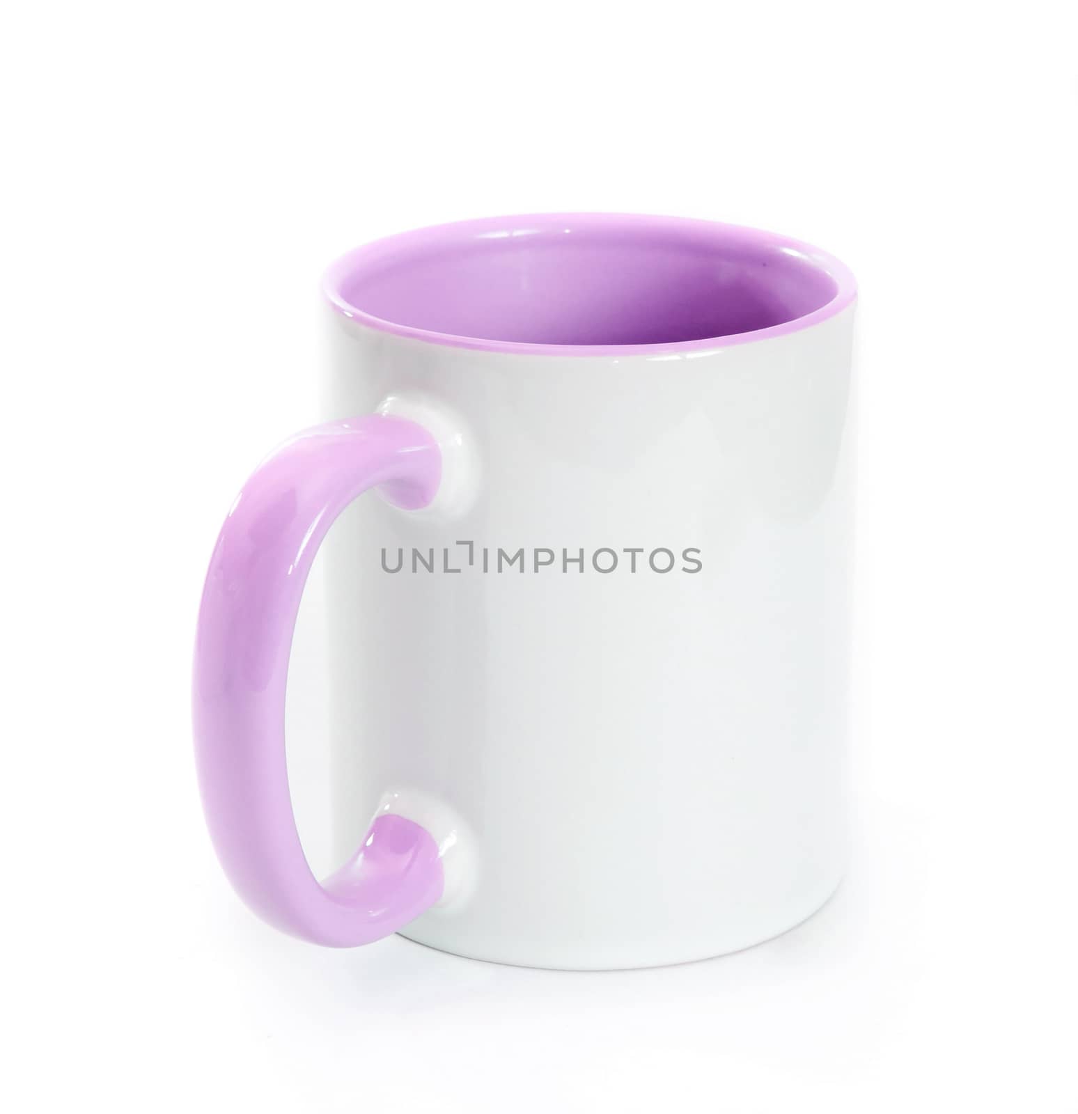 white cup with violet handle and the inner surface isolated