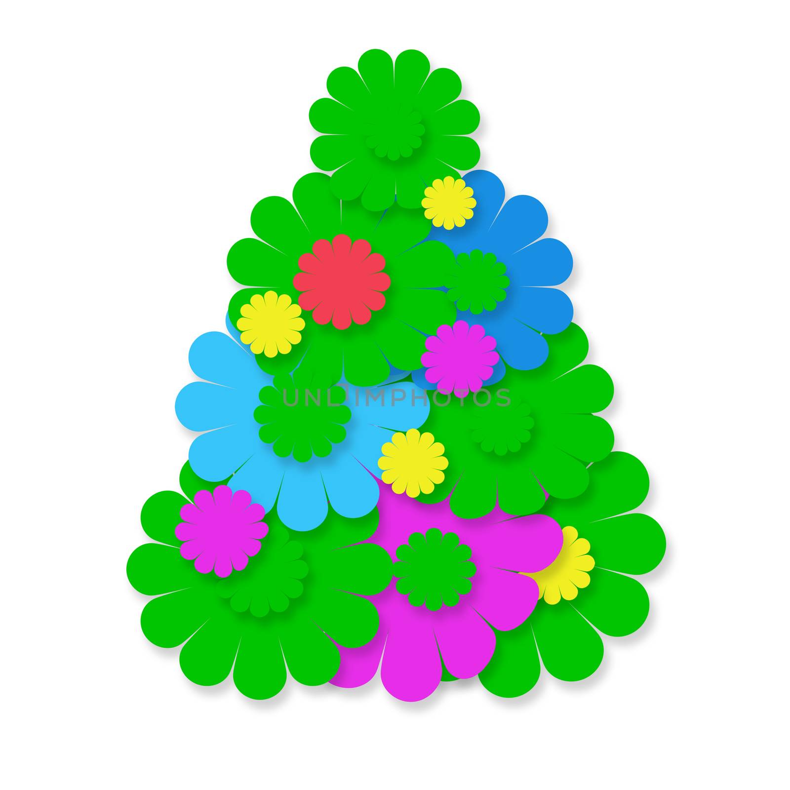 christmas funny hippie, tree colorful flowers isolated on white background with copy space