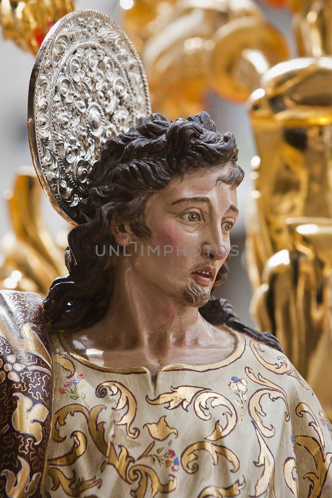 Archangel sculpted in polychromatic cedar wood, art of baroque style in Holy Week, Spain