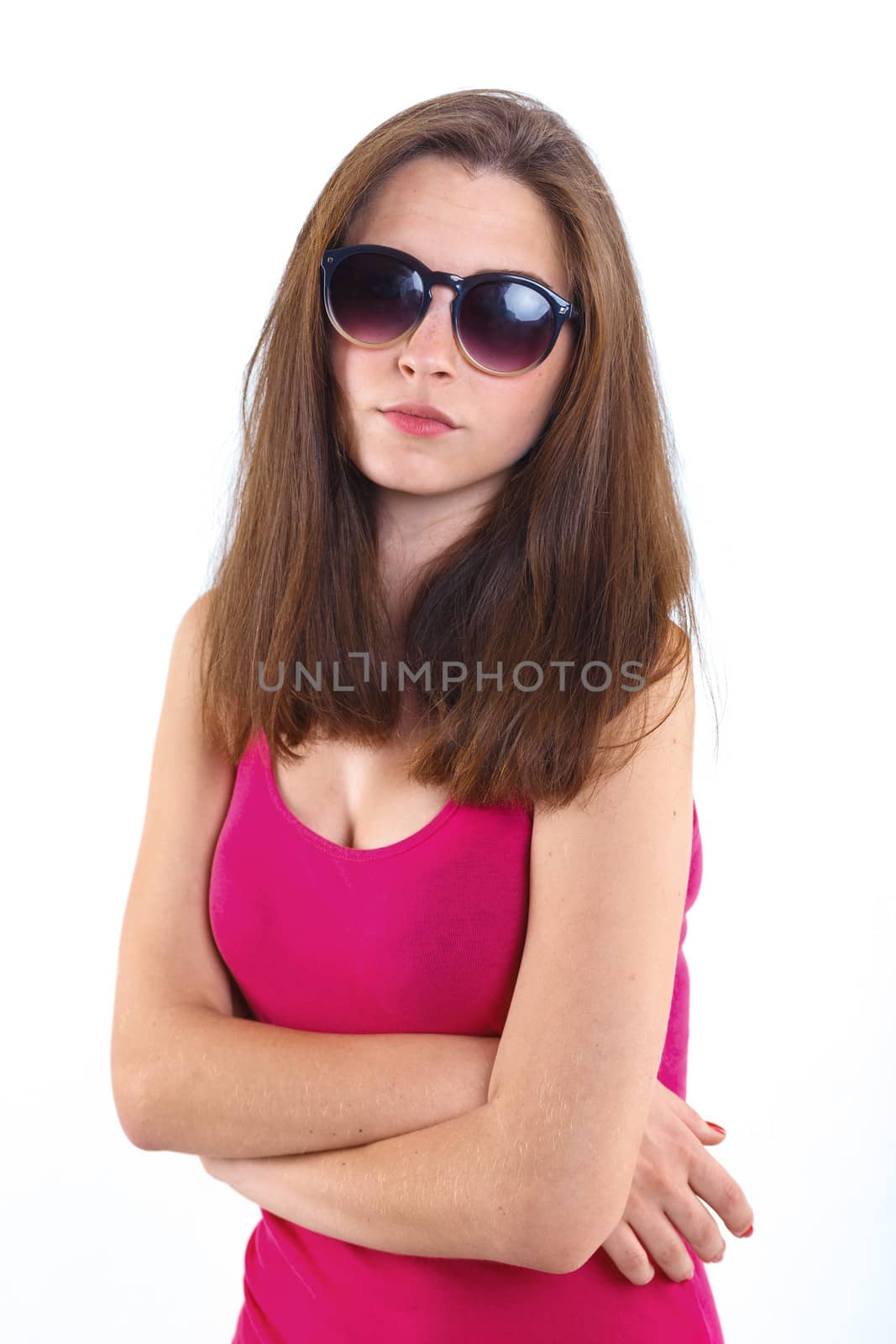 Beautiful young model with sunglasses. Isolated white background