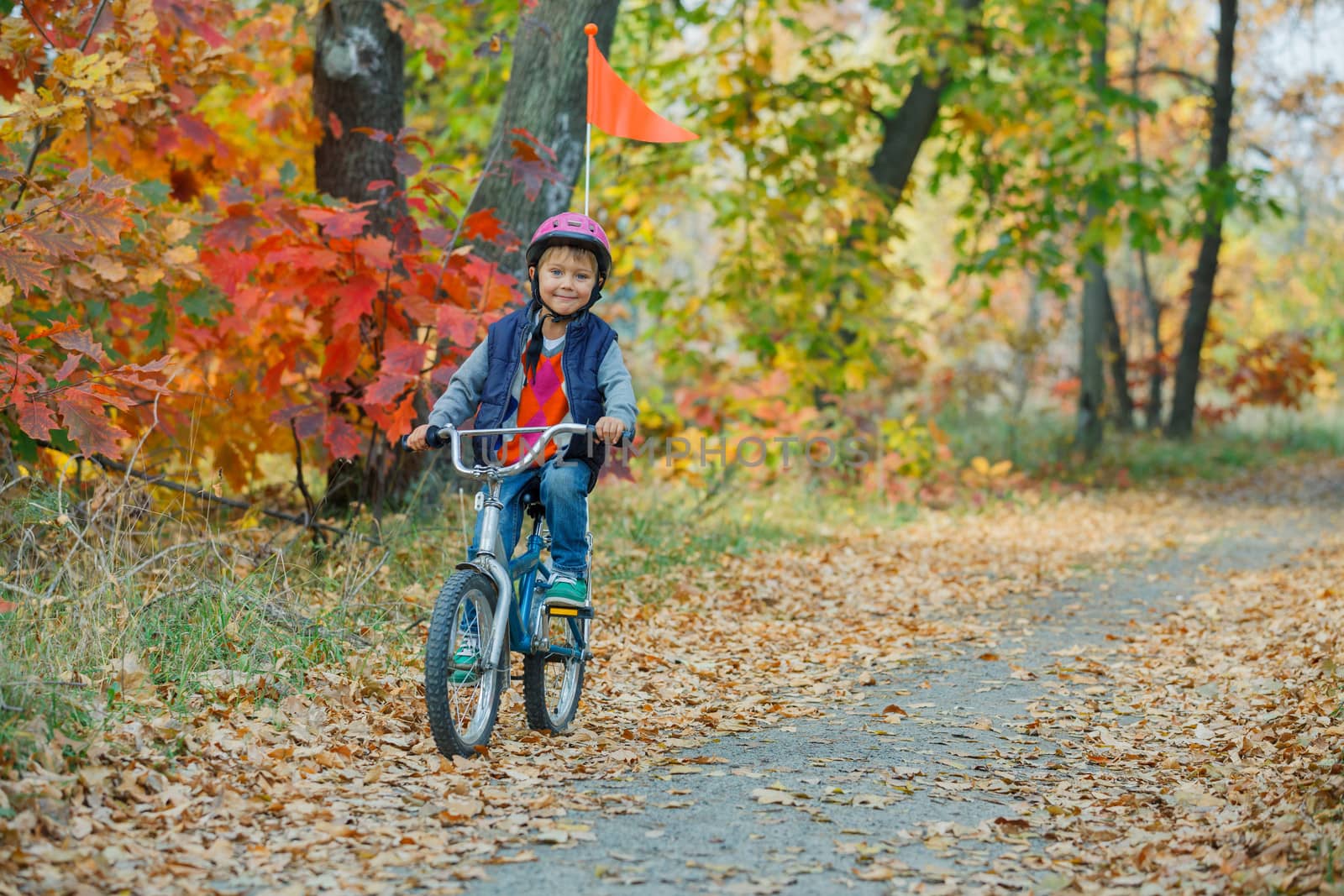 Cute little boy on bicycle in the autumn park.