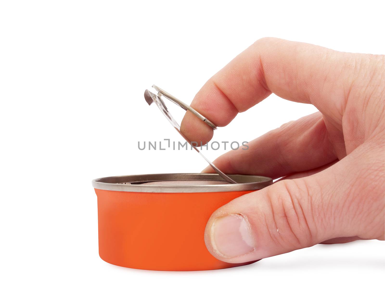 hand opening tin of canned food, studio shot, isolated on white