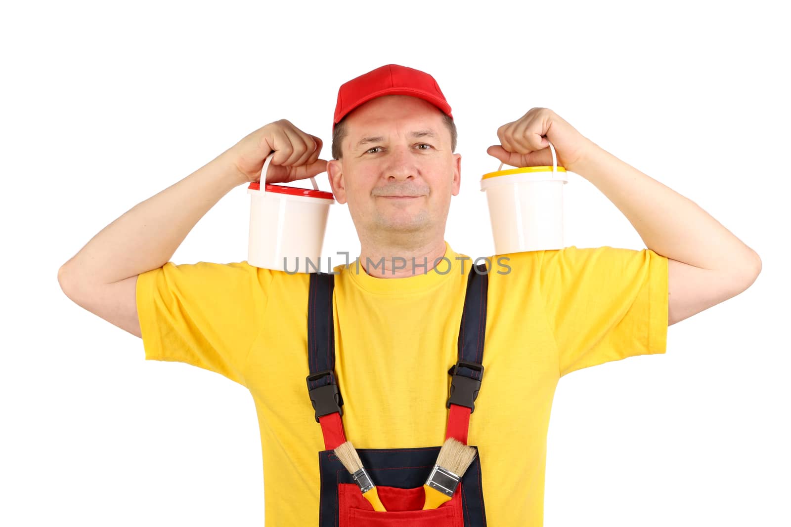 Worker holding two buckets. Isolated on a white backgropund.