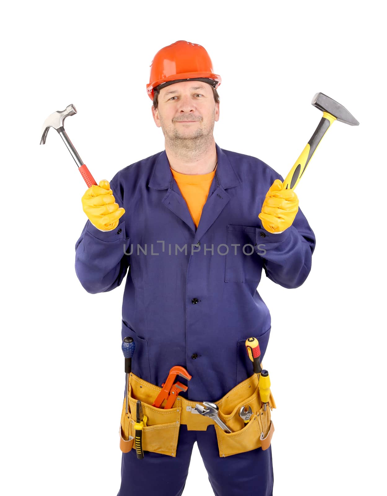 Worker in hard hat holding hammers. Isolated on a white backgropund.