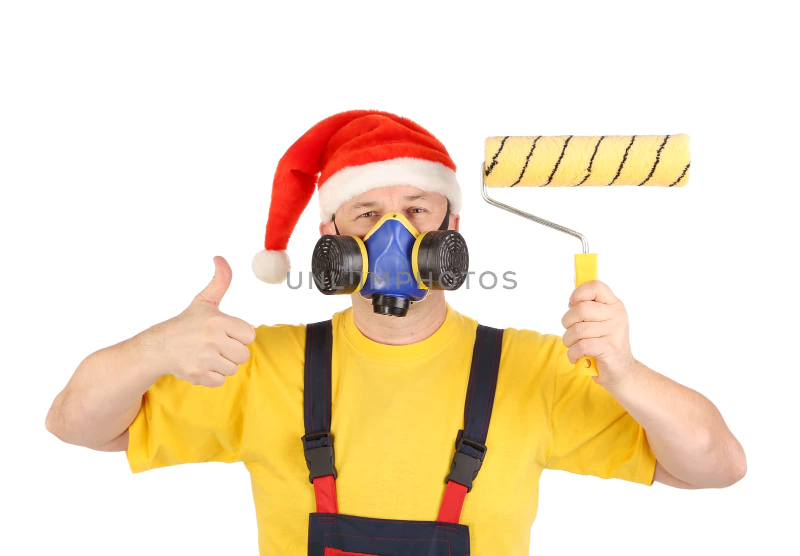 Worker in gas mask and santa hat with roller. Isolated on a white backgropund.