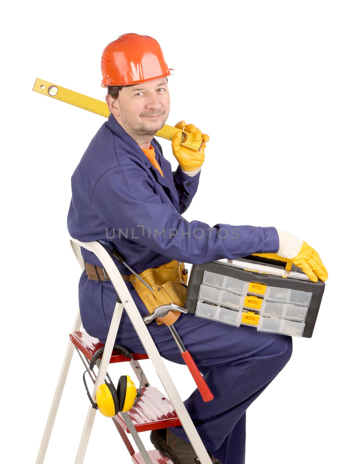 Worker on ladder with ruler and toolbox. Isolated on a white backgropund.