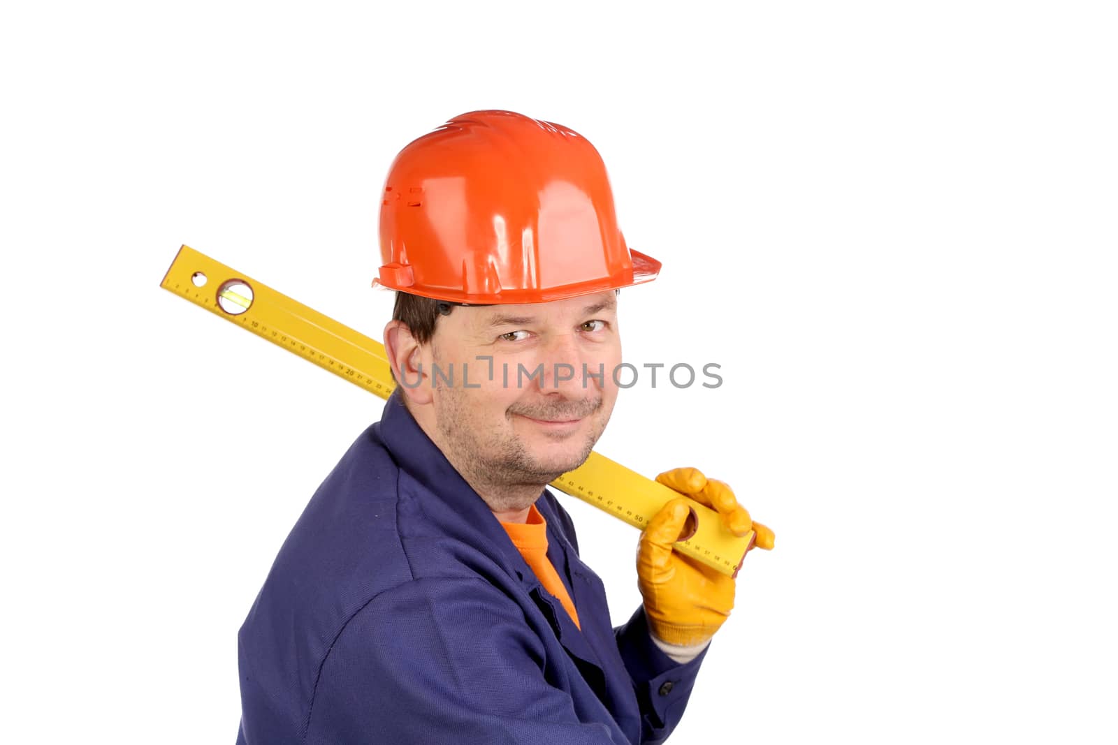 Worker in hard hat holding ruler. Isolated on a white backgropund.