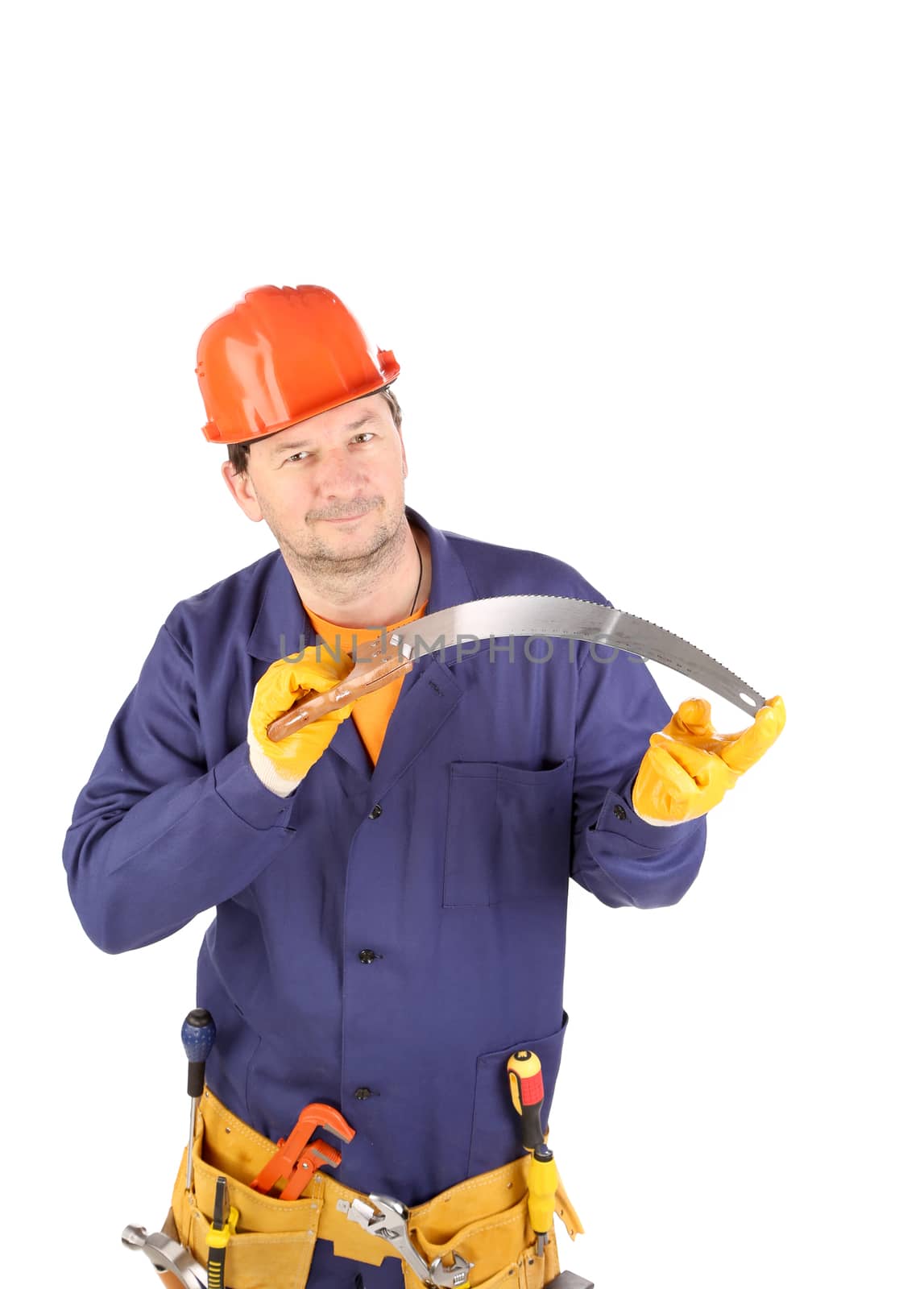 Worker in hard hat holding saw. Isolated on a white backgropund.