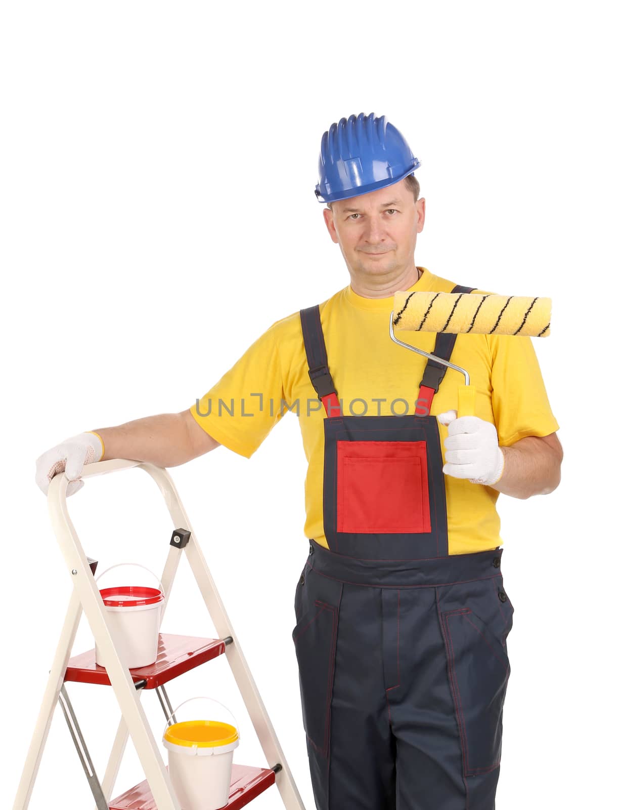 Worker on ladder with roller. Isolated on a white backgropund.