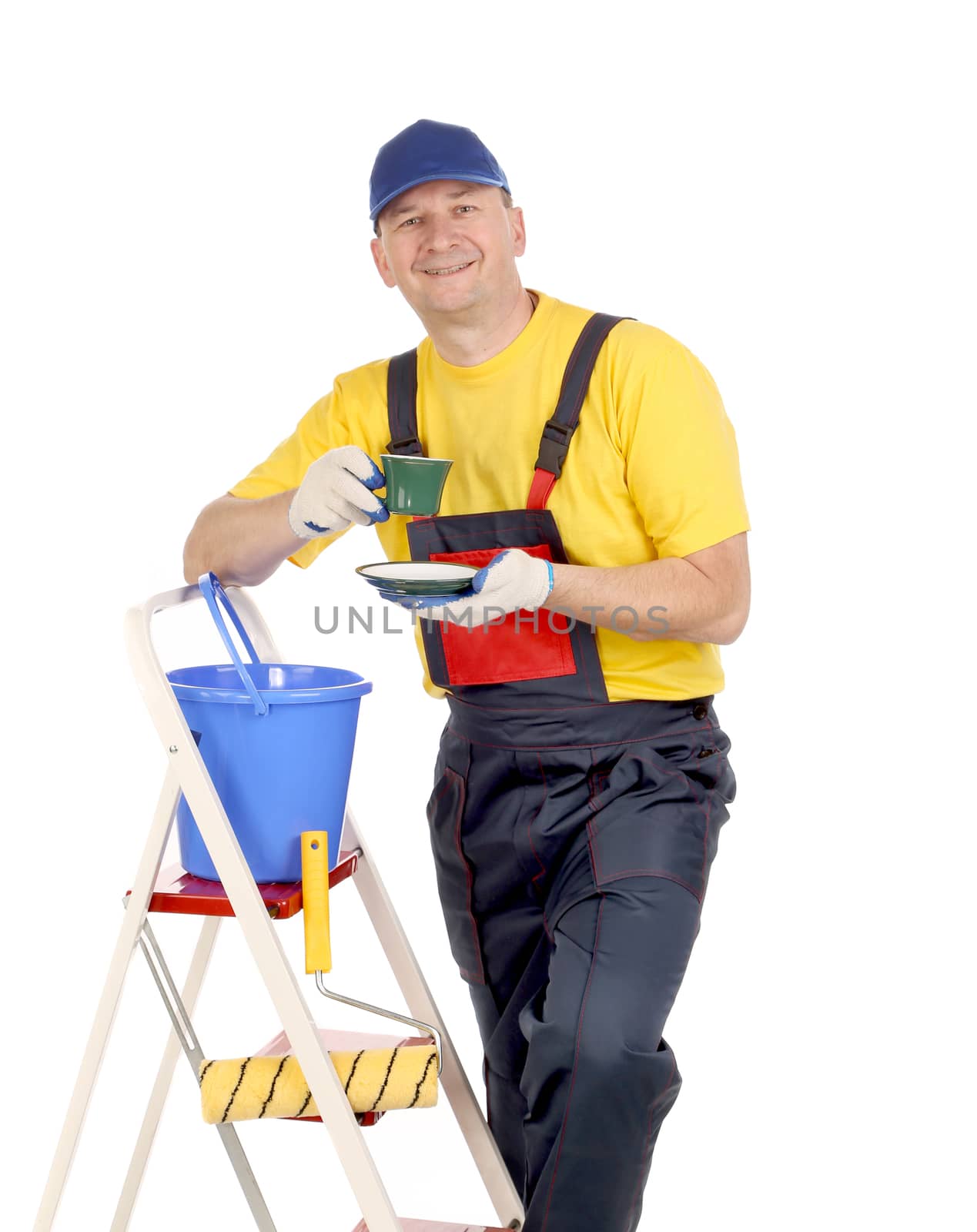 Worker on ladder with cup of tea. Isolated on a white backgropund.