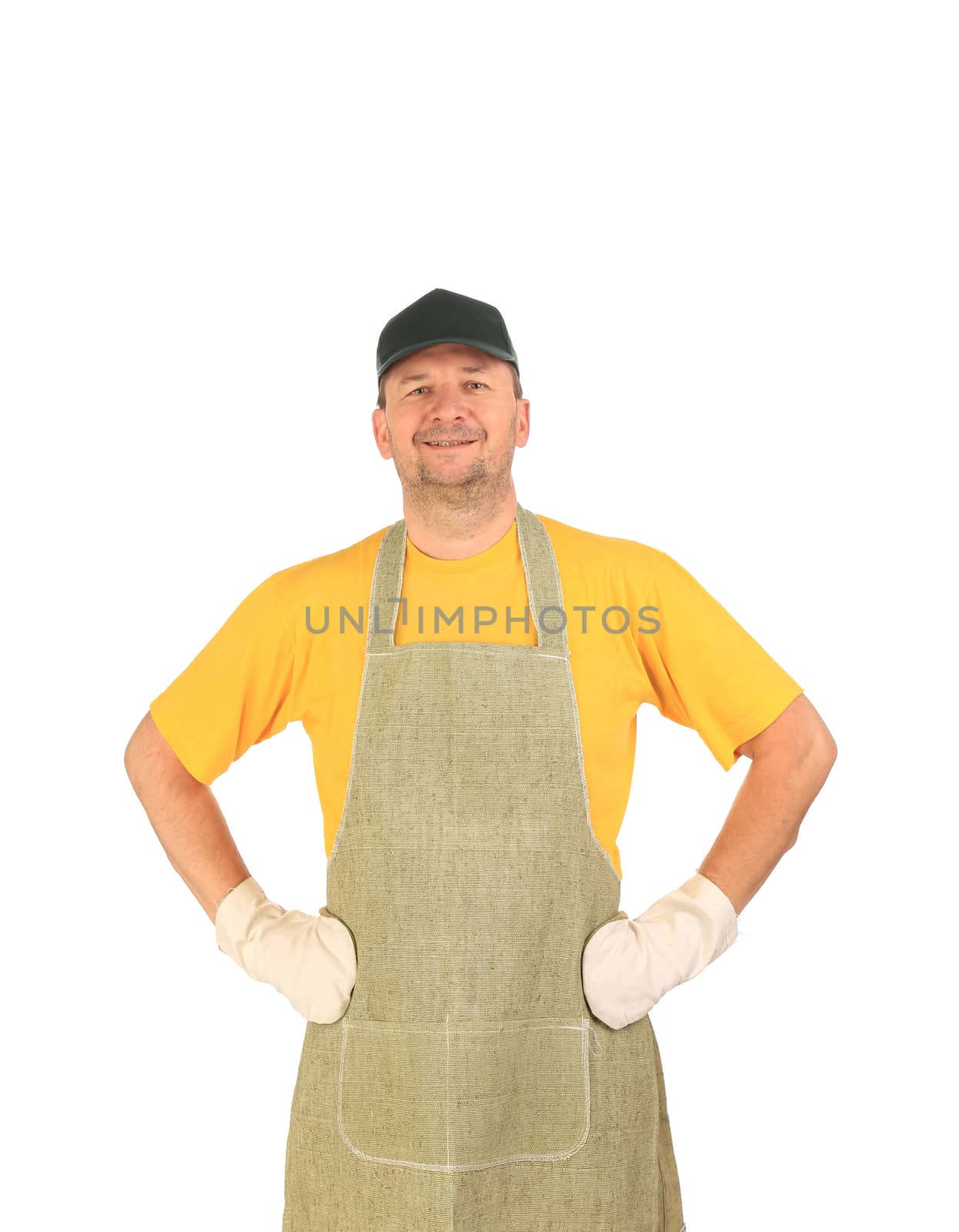 Apron man smiling hands on whaist. Isolated on a white background.