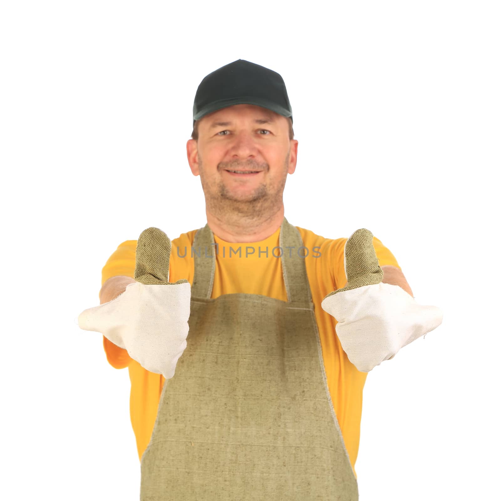 Apron man smiling with thumbs up. Isolated on a white background.