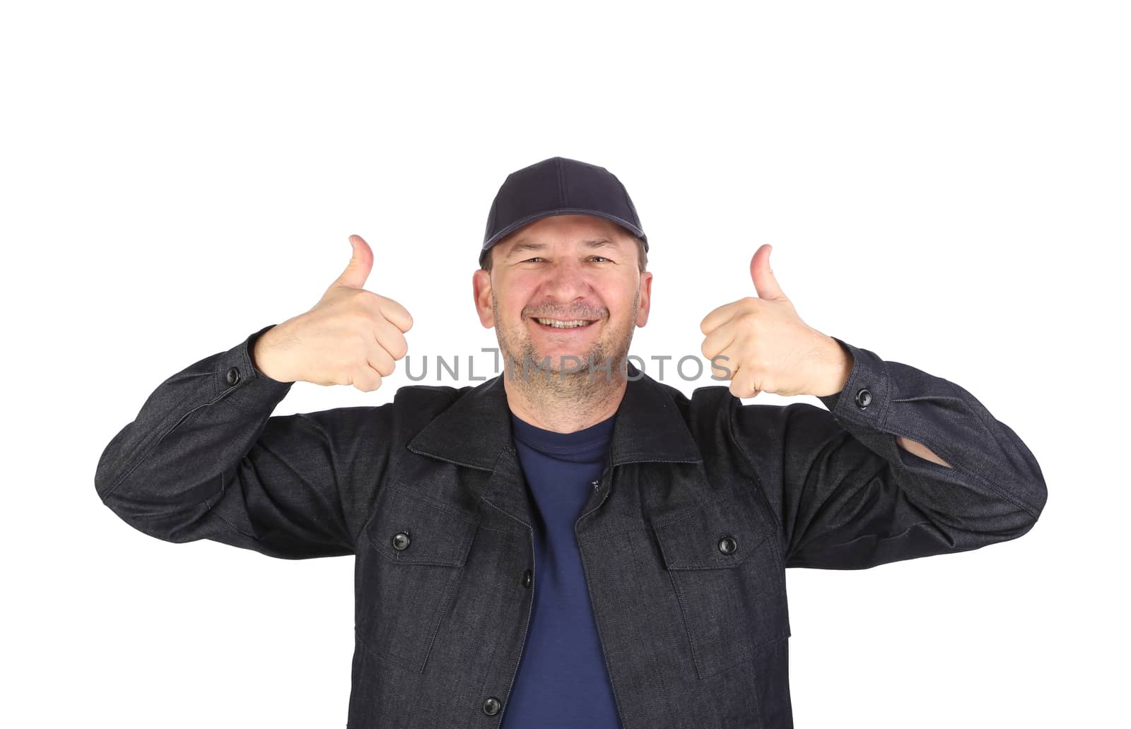 Worker with thumbs up. Isolated on a white background.