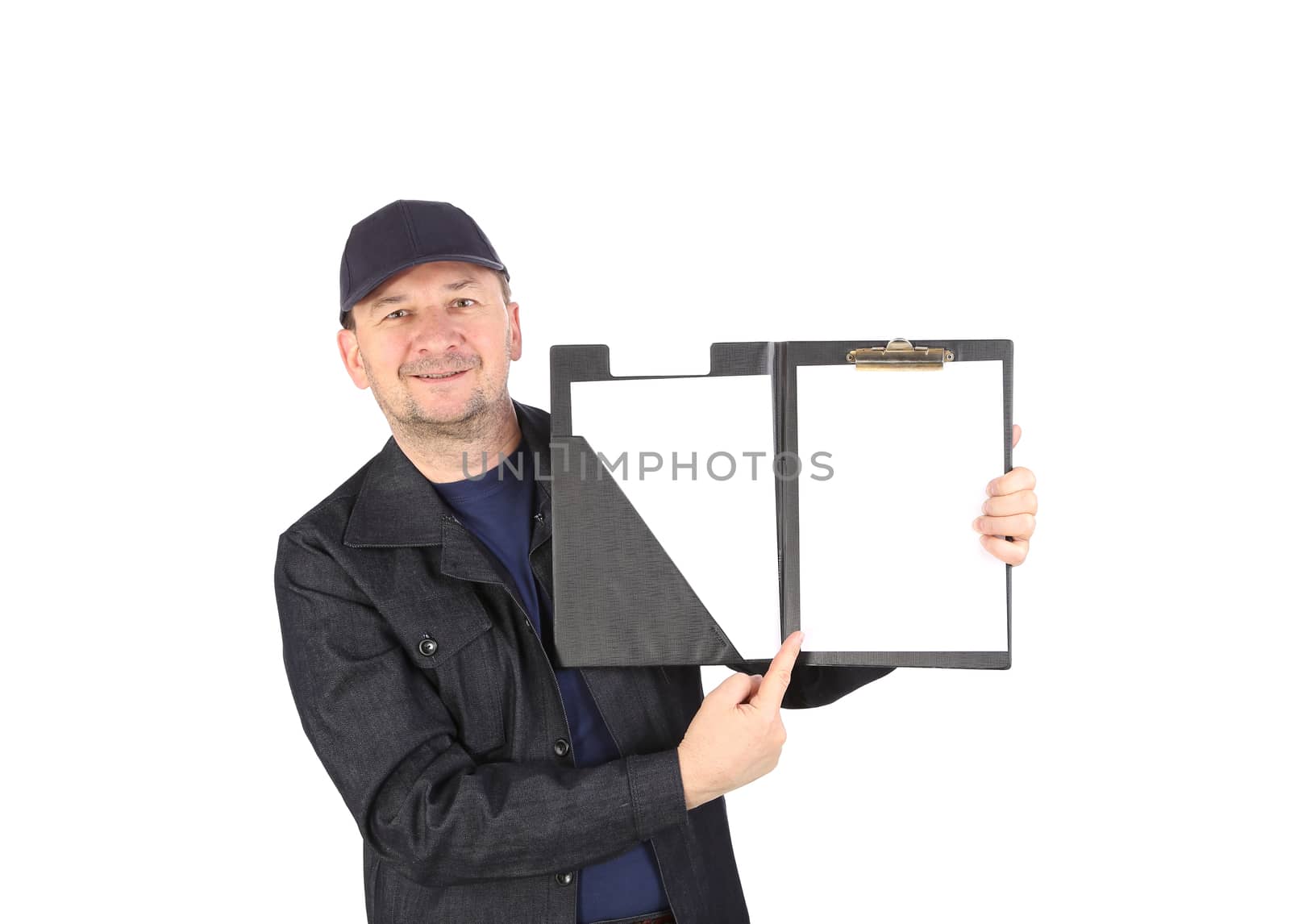 Worker in cap with opened folder. Isolated on a white background.