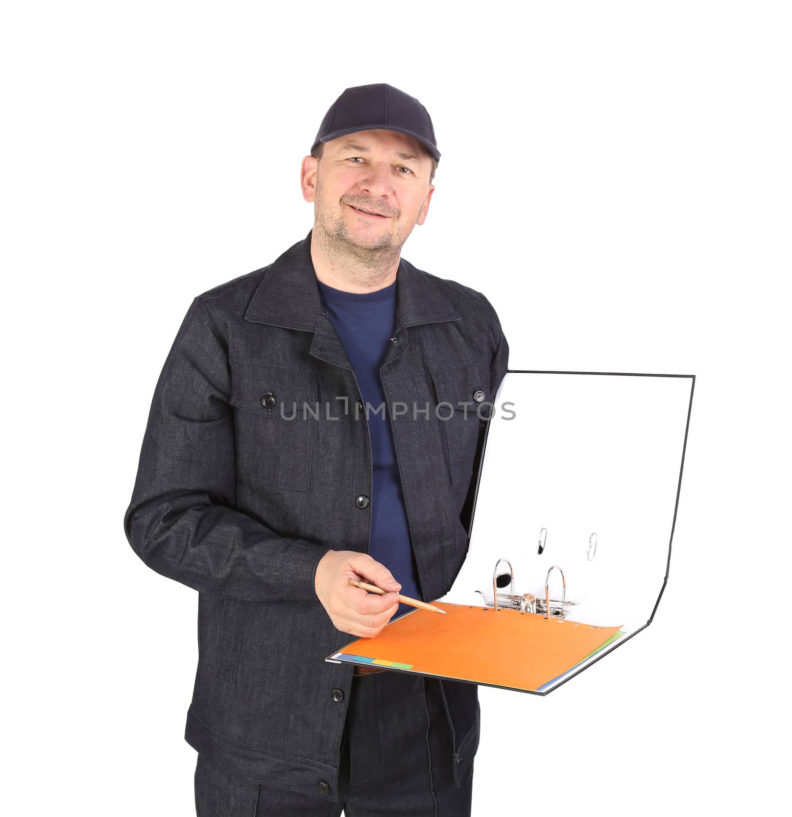 Worker in cap with opened folder. Isolated on a white background.