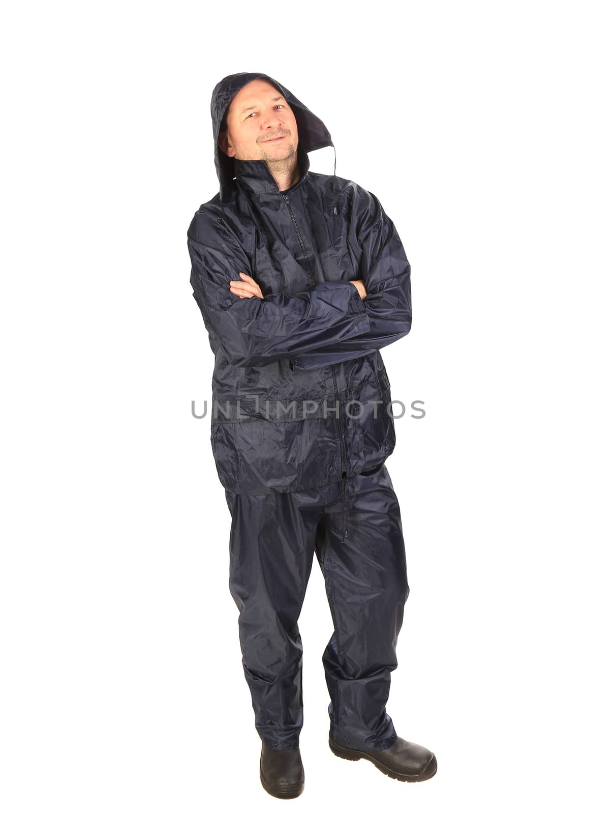 Man in waterproof coat with hood. Isolated on a white background.