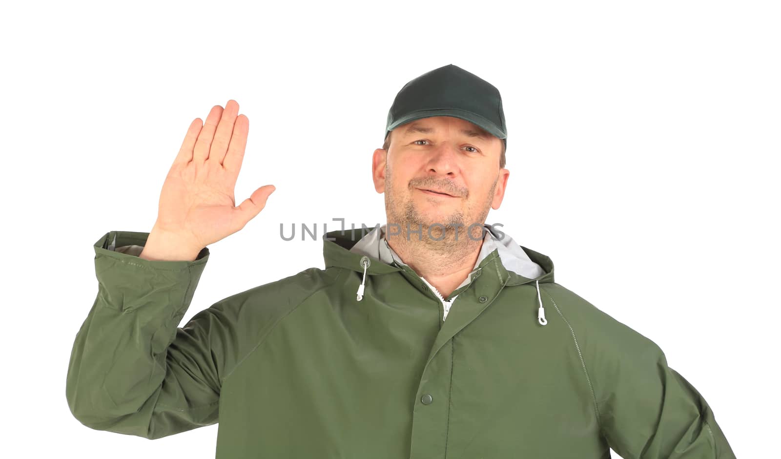 Man in coat shows hand. Isolated on a white background.