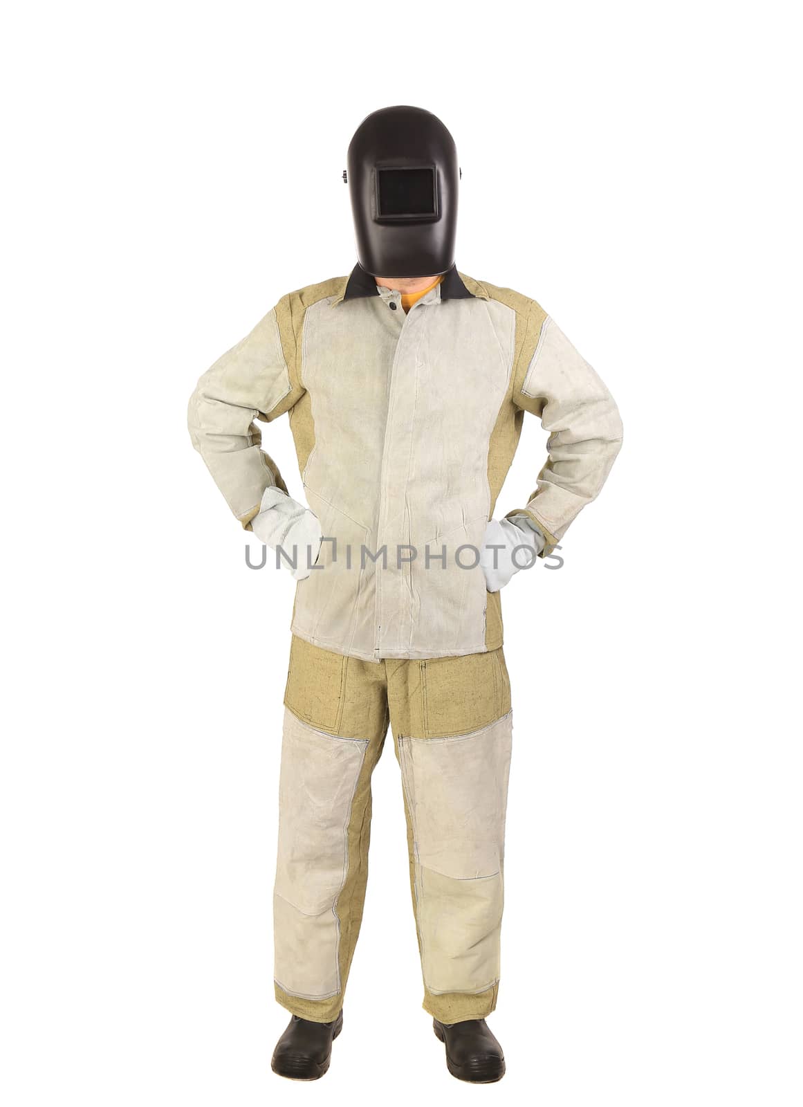 Welder in mask with mittens. Isolated on a white background.