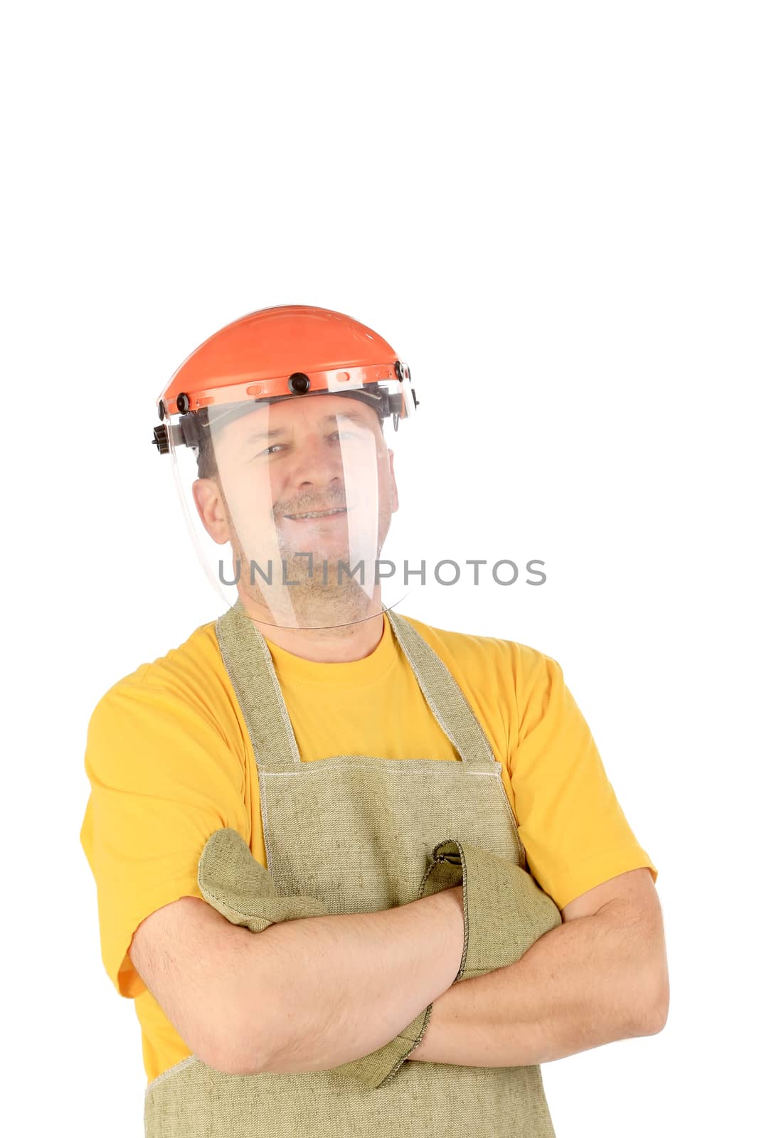 Apron man smiling with arm crossed. Isolated on a white background.