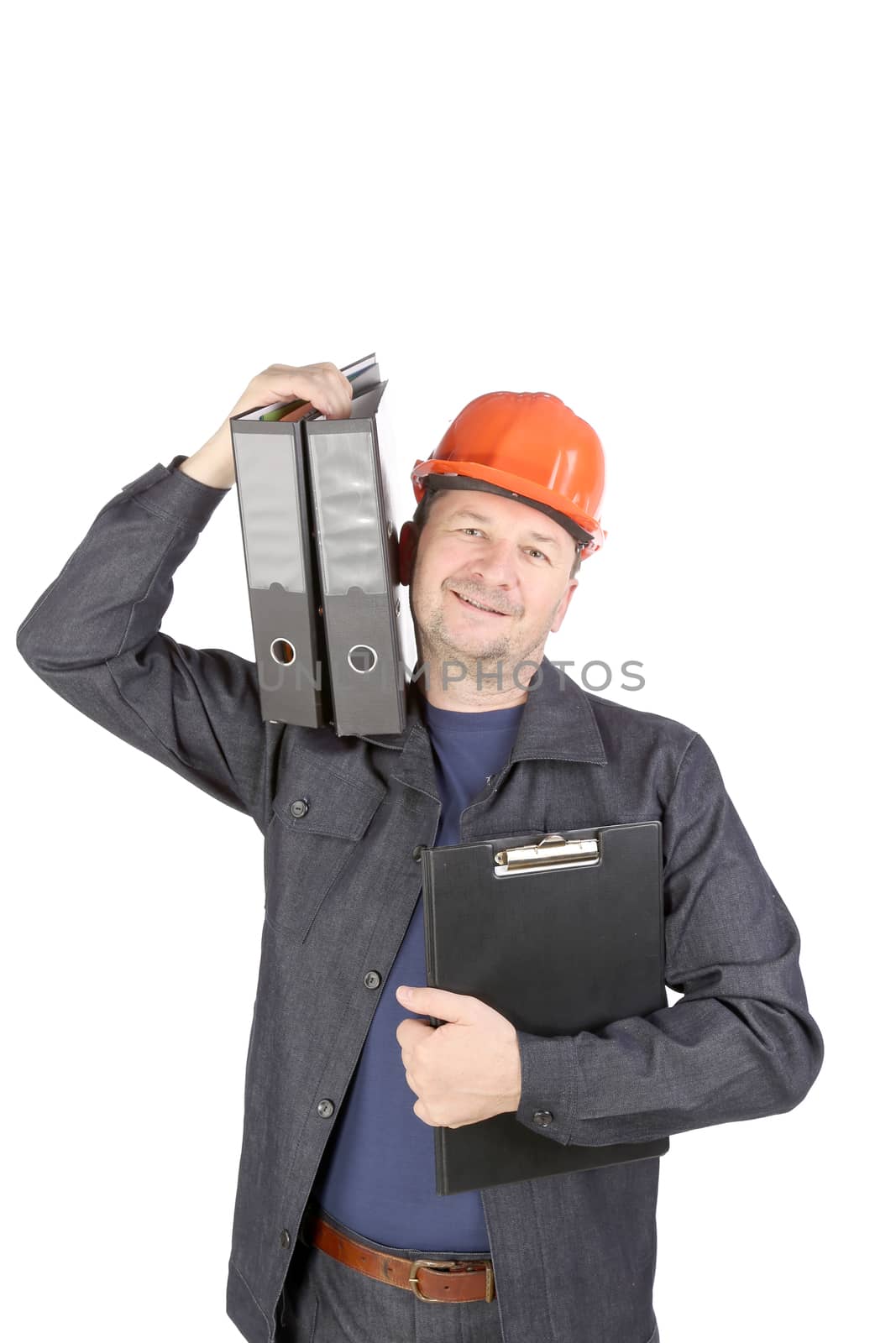 Man in hard hat holding folders. Isolated on a white background.