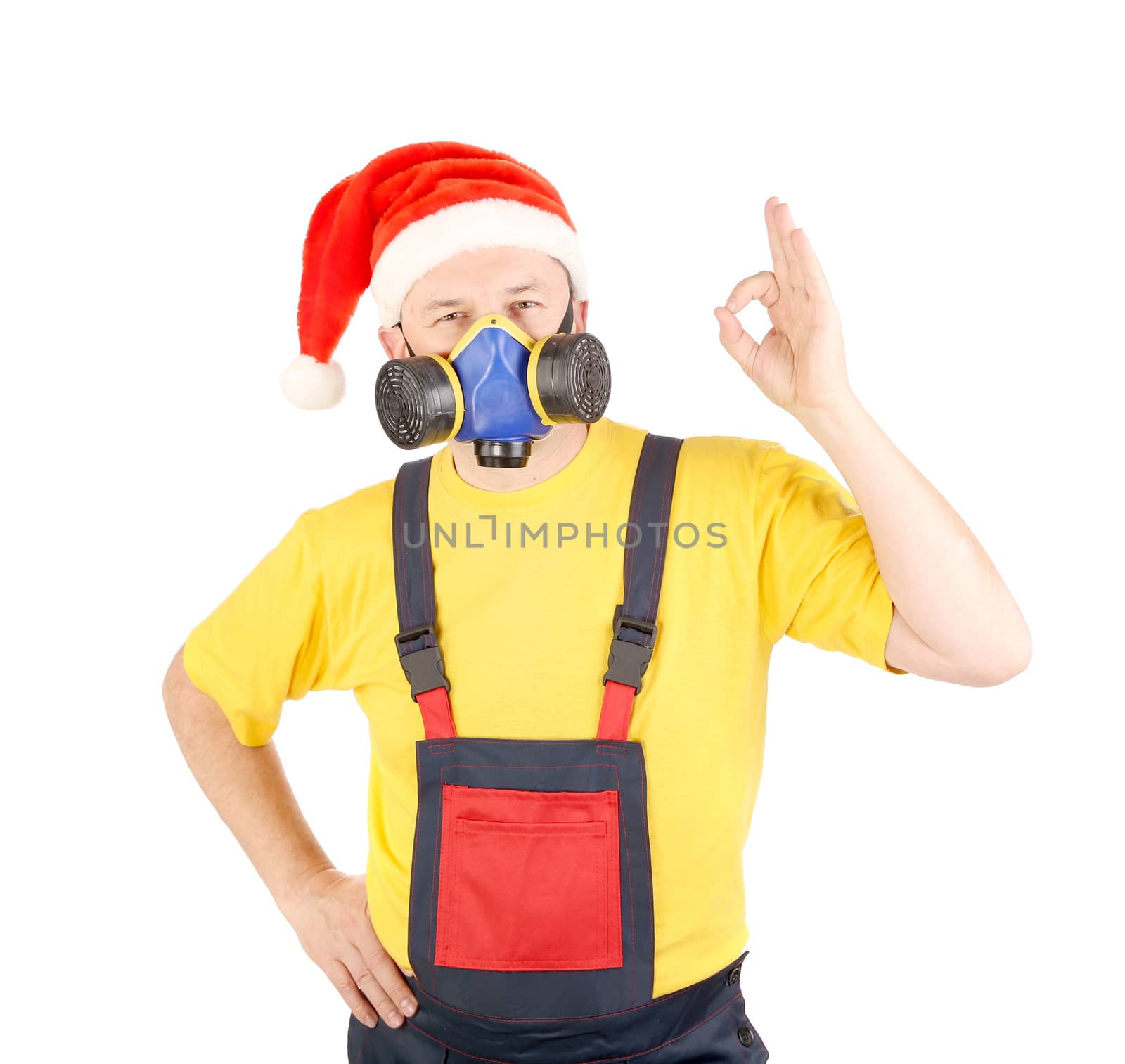 Worker in har with respirator. Isolated on a white background.