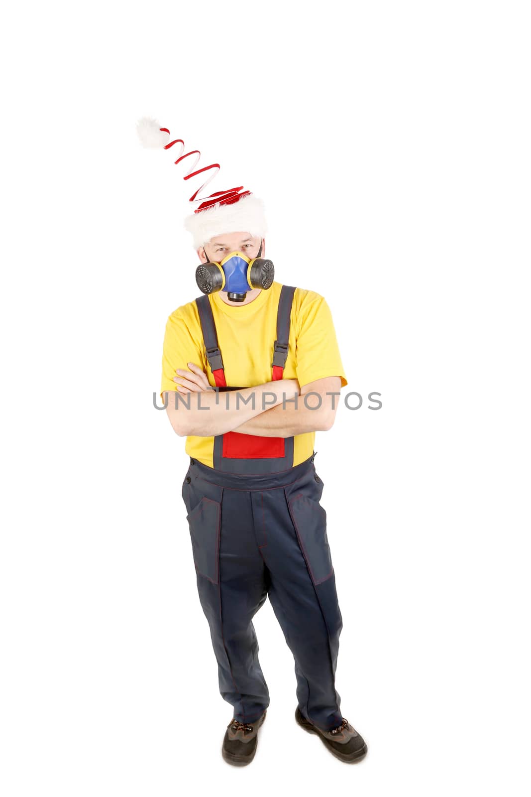 Worker in hat with respirator. Isolated on a white background.