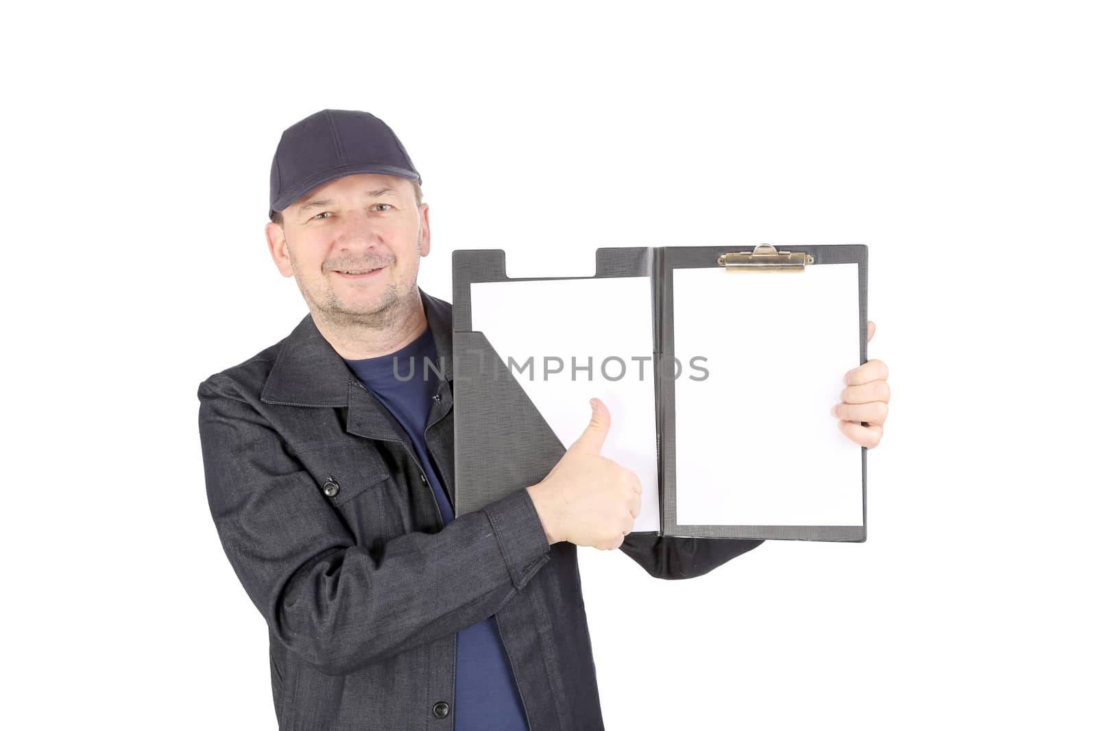 Worker in cap with opened folder. Isolated on a white background.