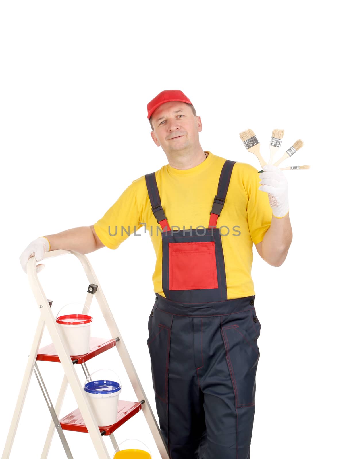 Worker standing on ladder. Isolated on a white background.