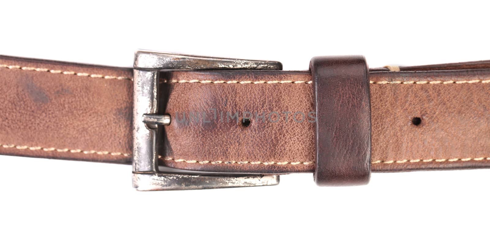 Close up of brown leather belt. Isolated on a white background.
