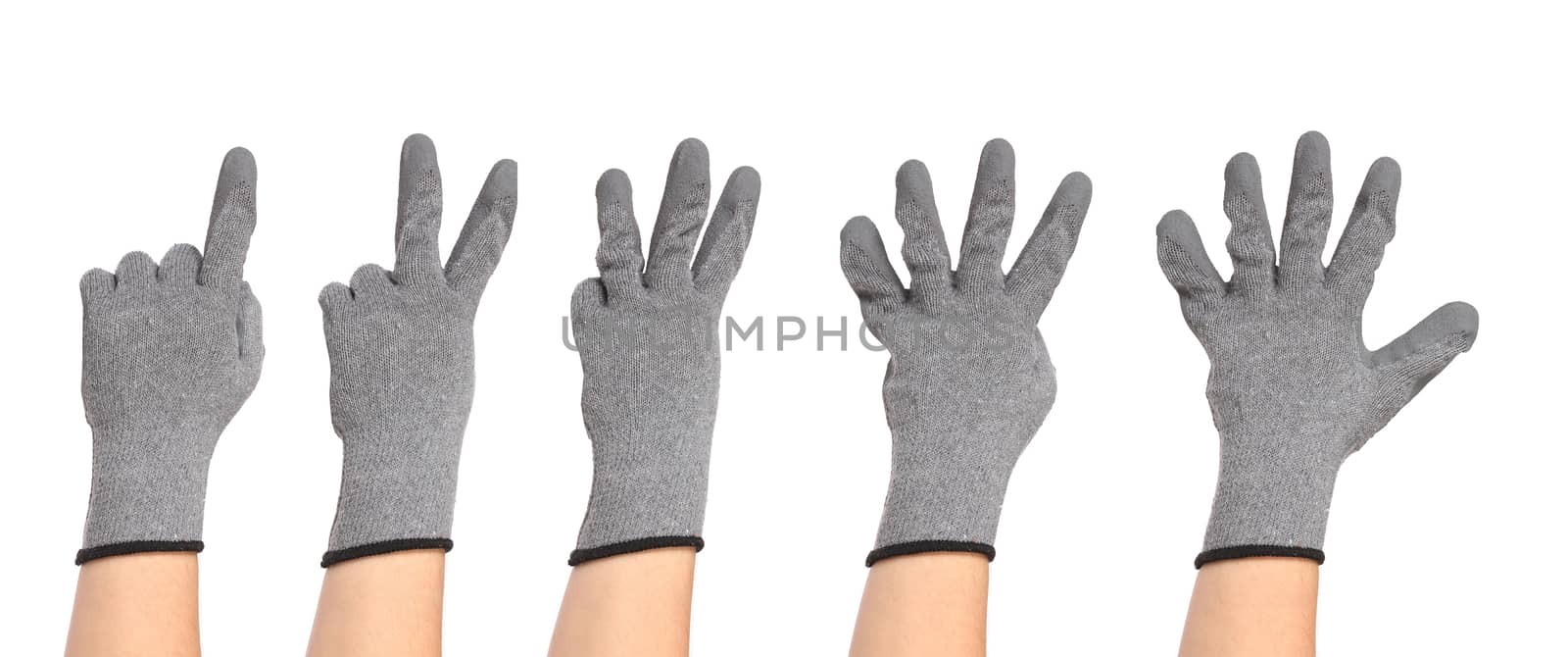 Hands in gloves show figures. Isolated on a white background