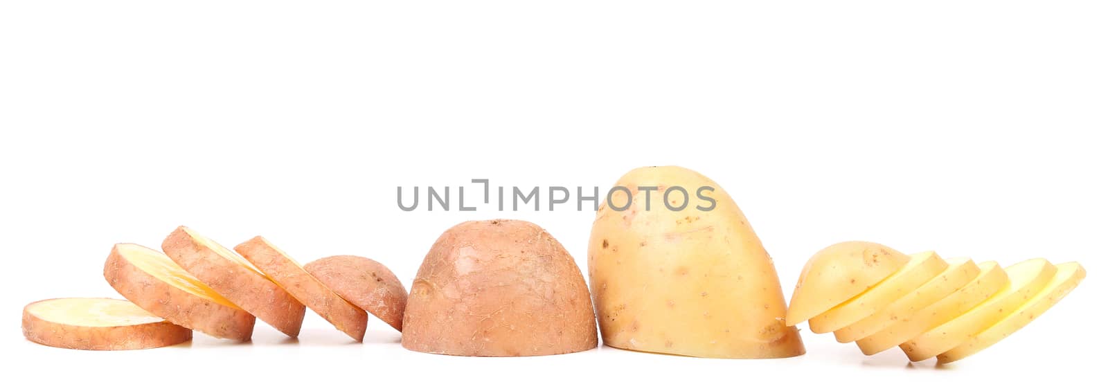 Different potato slices. Isolated on a white background