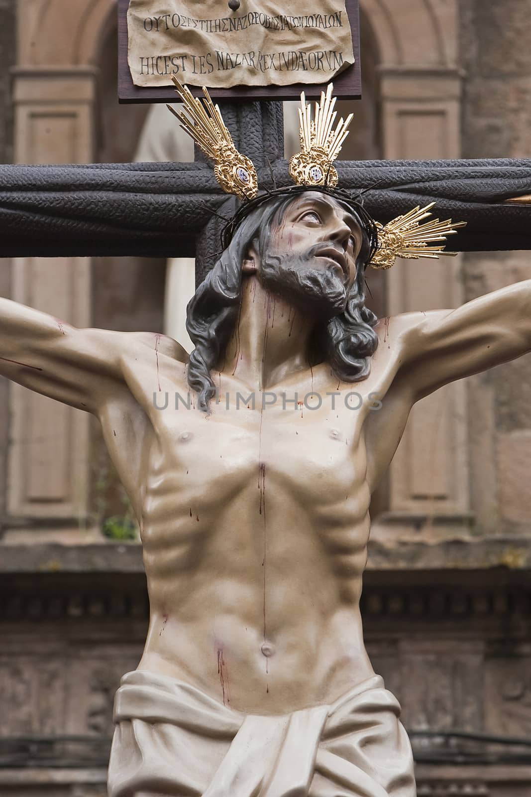 Figure of Jesus on the cross carved in wood by the sculptor Gabino Amaya Guerrero, Holy Christ of the expiry, Linares, Jaen province, Spain