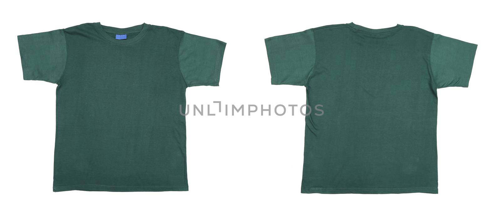Blue green t-shirt front and back view. Isolated on a white background