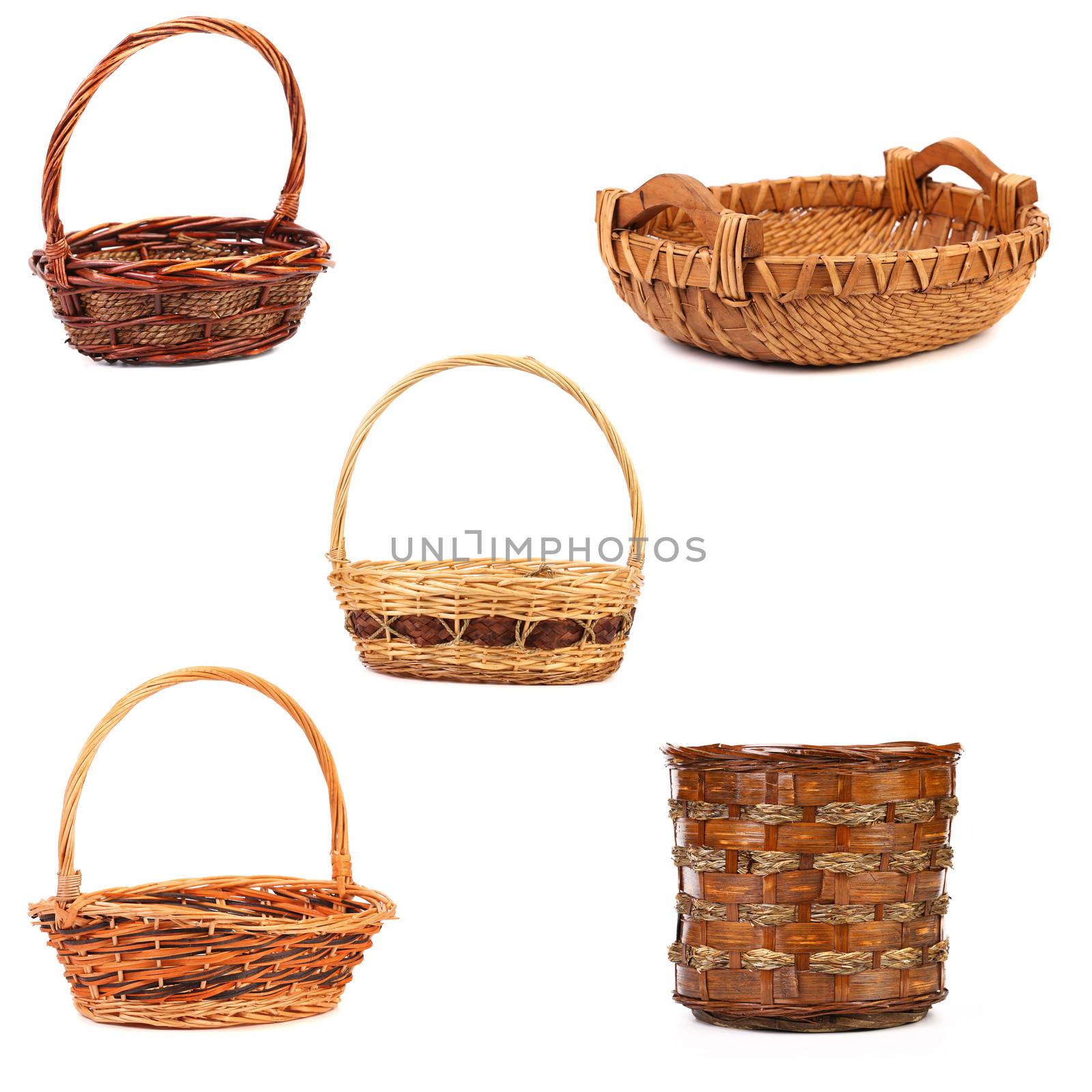 Vintage weave wicker baskets. Isolated on white background