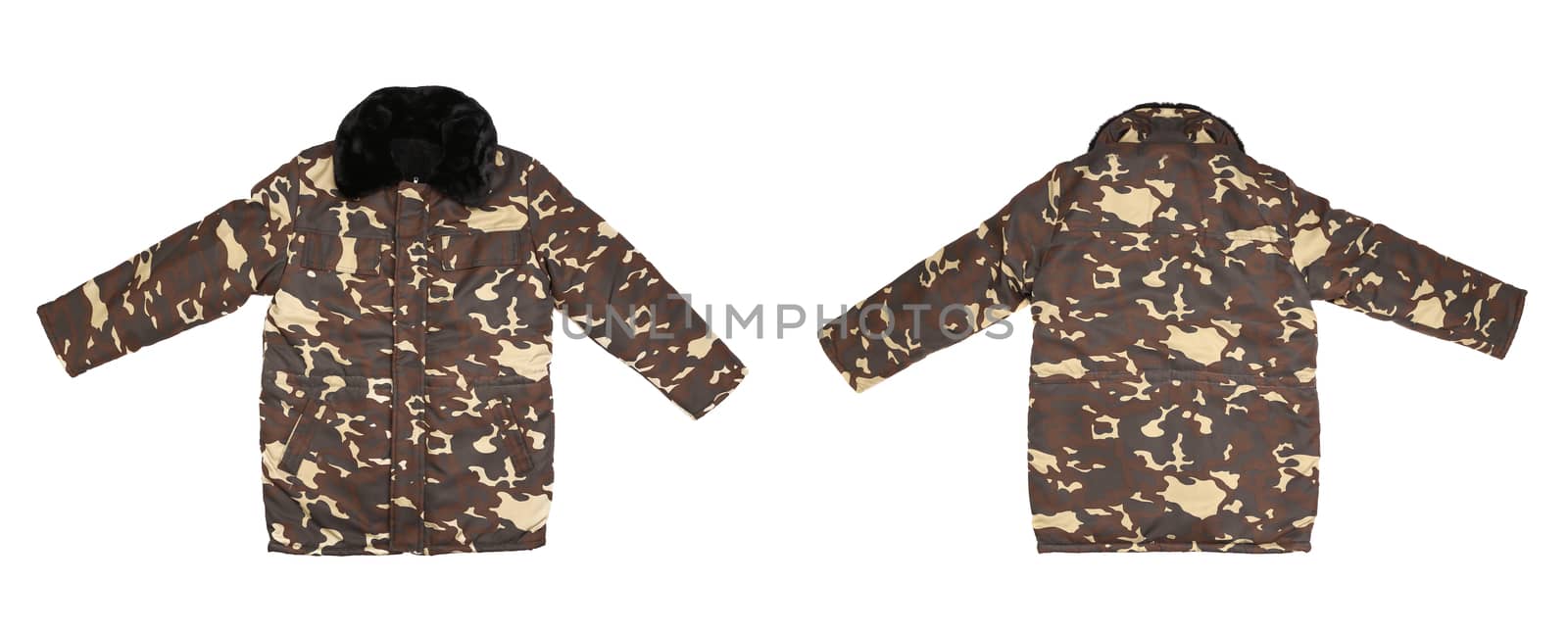 Camouflage winter jacket with black collar. Isolated on white background.