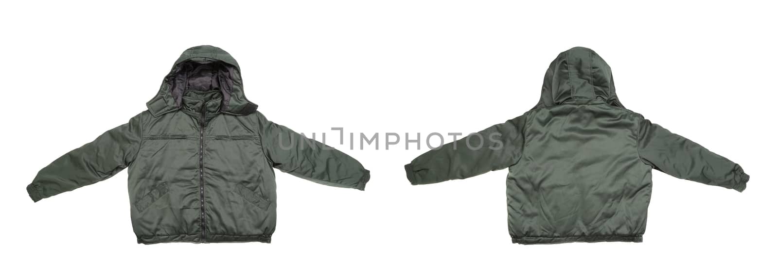 Gray male working jacket with hood. Isolated on white background.