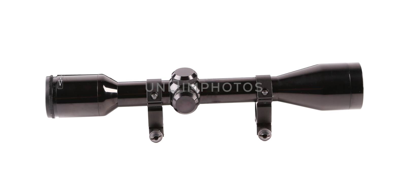 Close up of rifle scope. Isolated on a white background.