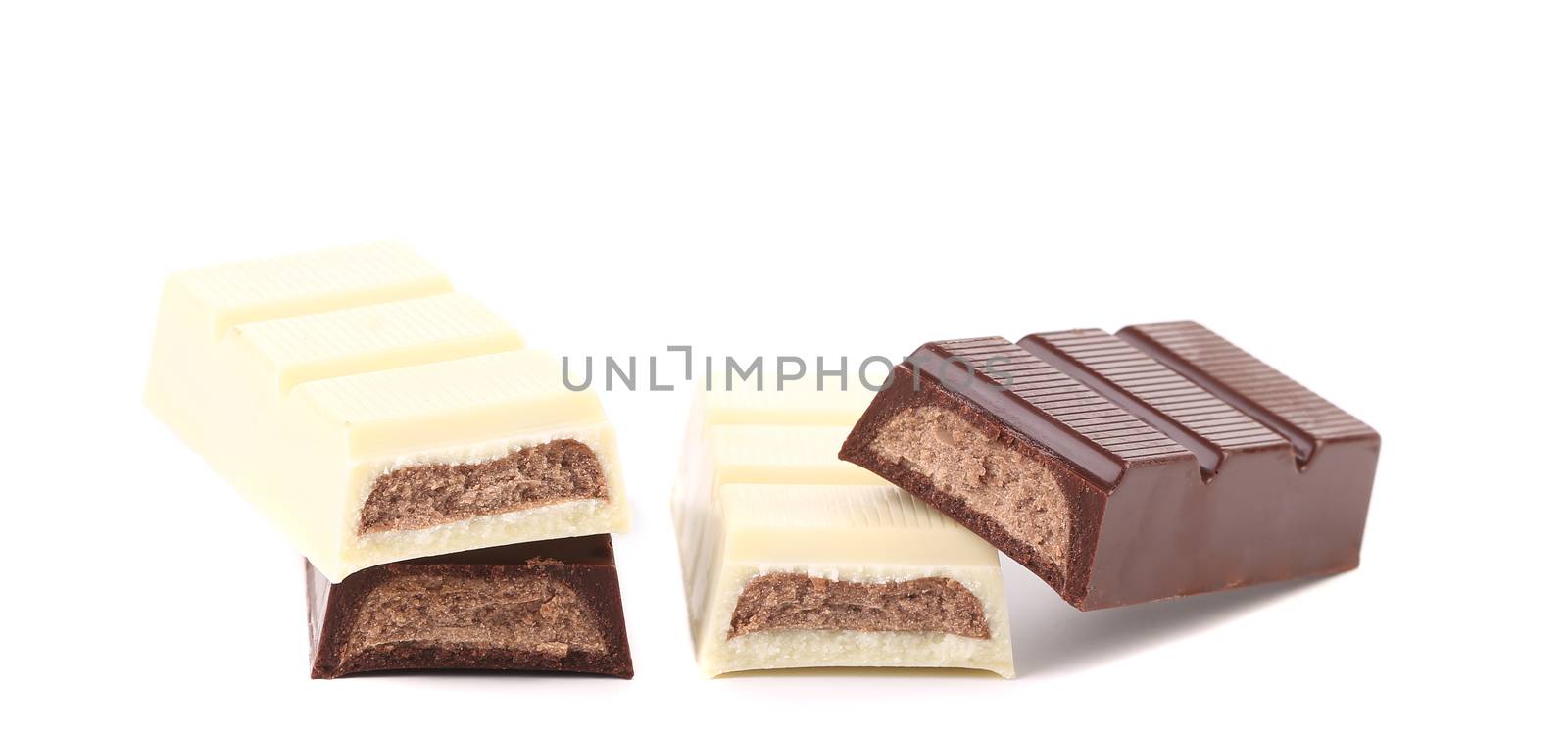 Chocolate bar with sweet creamy filling. Isolated on a white background.